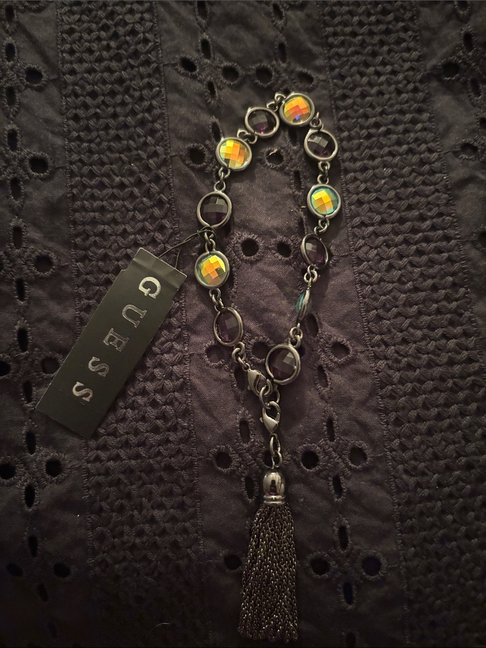 GUESS Black Chain Bracelet with Iridescent Gems and Tassel